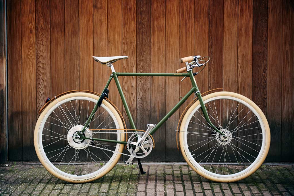 Roetz Vigour+ Men Elektrische fiets in de kleur Matt Moss Green met een houten schutting op de achtergrond.
