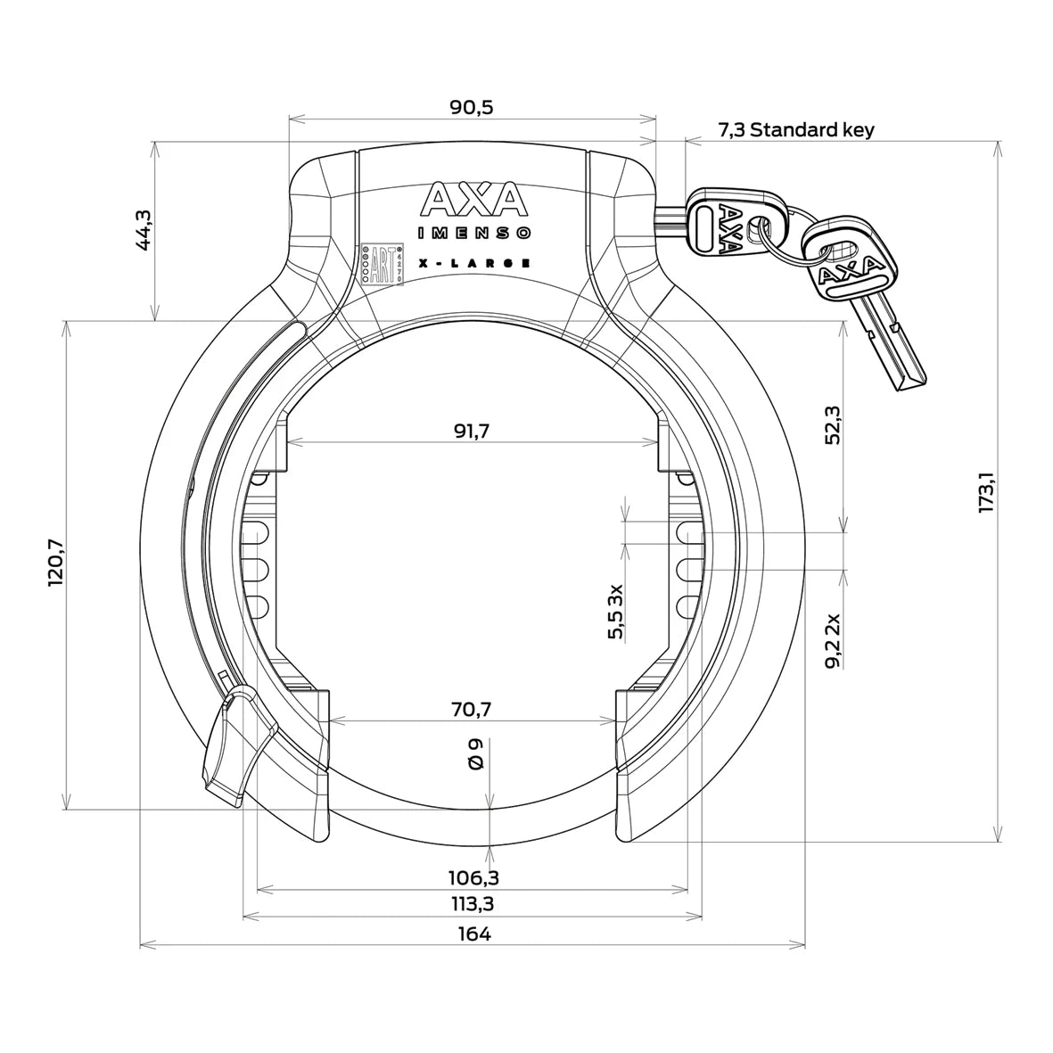 Maten van het AXA Imenso X-Large ringslot: opening 92 mm