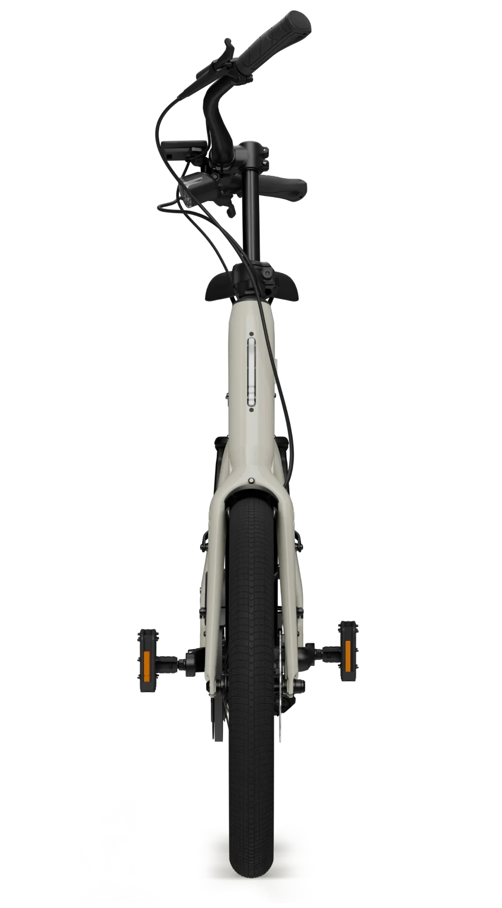 TENWAYS CGO Compact van voren, met het stuur een kwartslag gedraaid en de pedalen ingeklapt: 34 cm breed